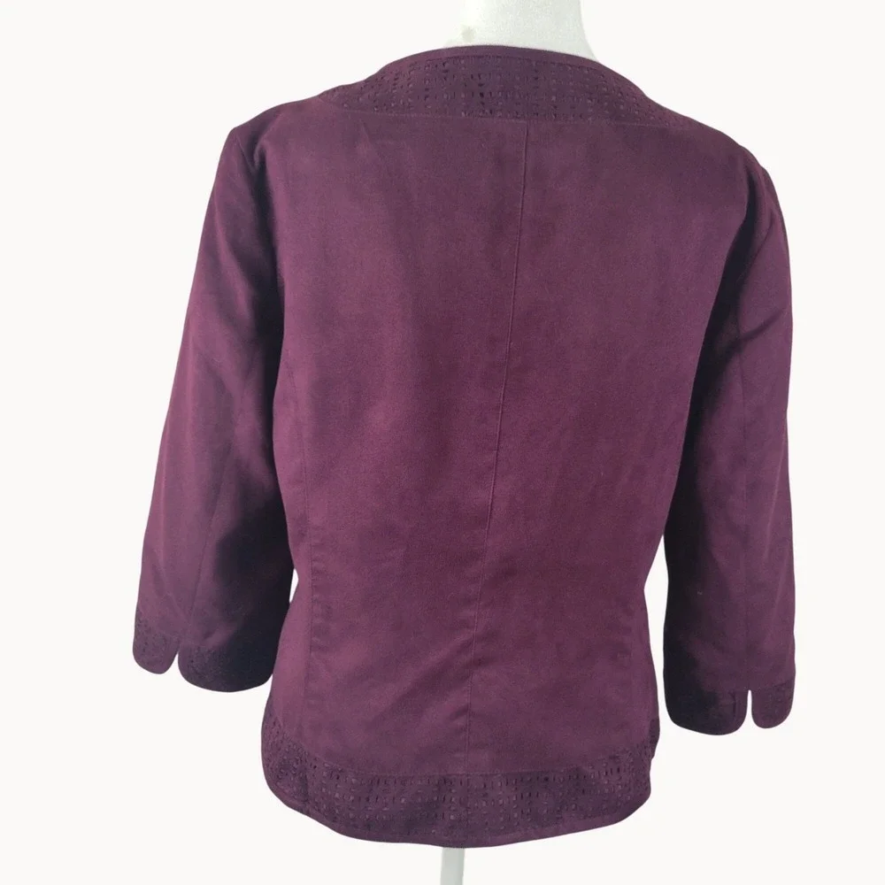 East‎ 5th Faux Suede Jacket Womens Medium Purple Open Front Laser Cut Blazer